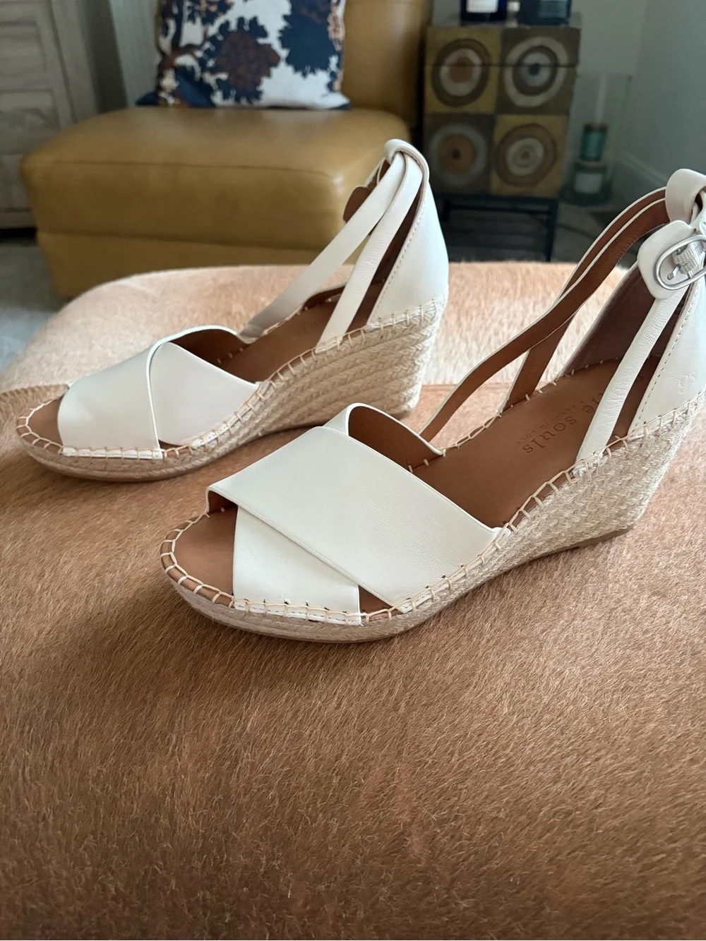 gentle souls White Leather Crisscross Espadrille Wedge Sandals